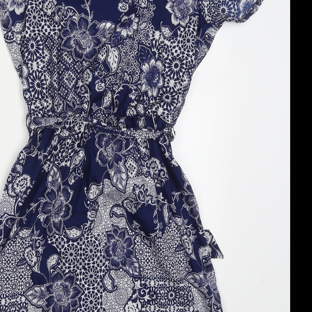 New Look Womens Blue Geometric Polyester Skater Dress  Size 8  V-Neck Pullover
