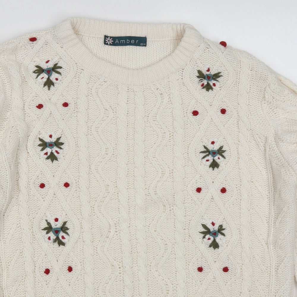 Amber Womens Beige Round Neck Floral Acrylic Pullover Jumper Size 12