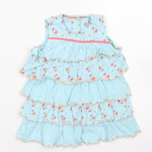 Marks & Spencer Girls Blue Floral Cotton A-Line  Size 12-18 Months  Crew Neck Snap