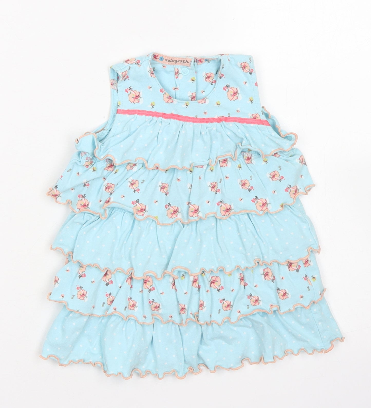 Marks & Spencer Girls Blue Floral Cotton A-Line  Size 12-18 Months  Crew Neck Snap