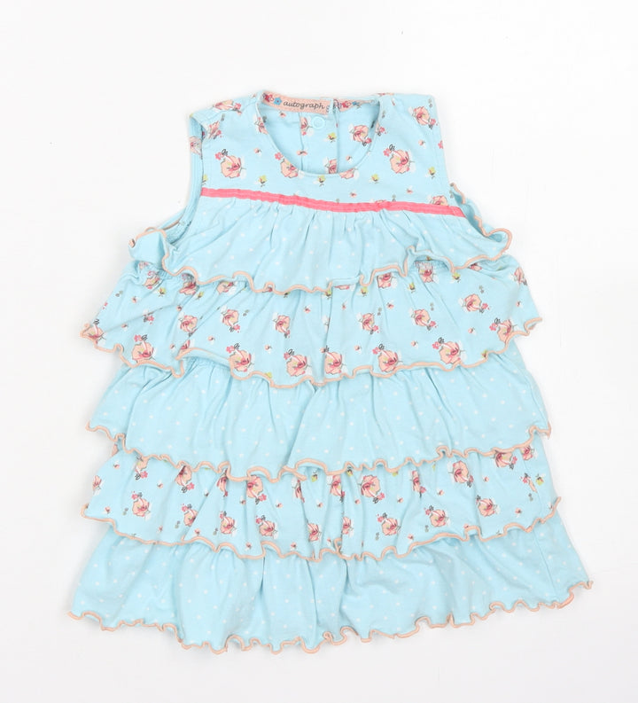Marks & Spencer Girls Blue Floral Cotton A-Line Size 12-18 Months Crew Neck Snap