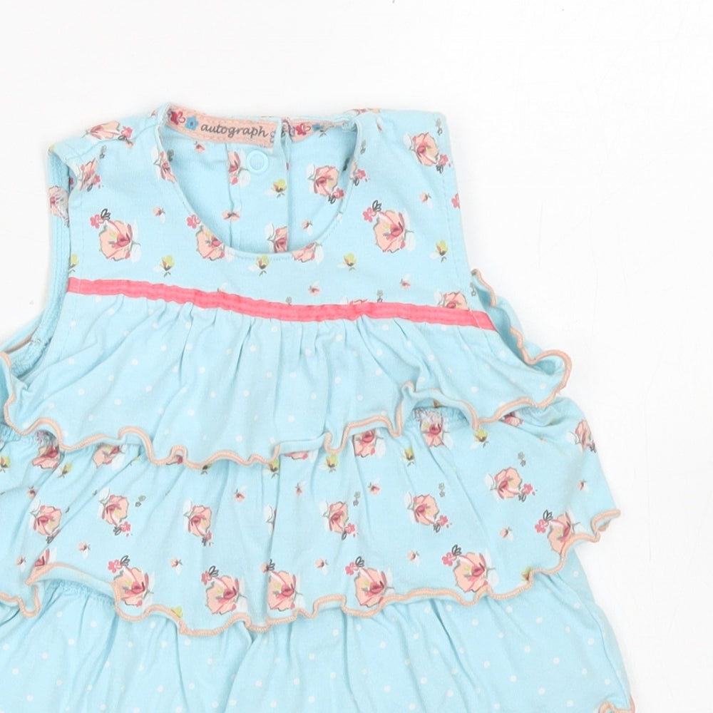 Marks & Spencer Girls Blue Floral Cotton A-Line  Size 12-18 Months  Crew Neck Snap