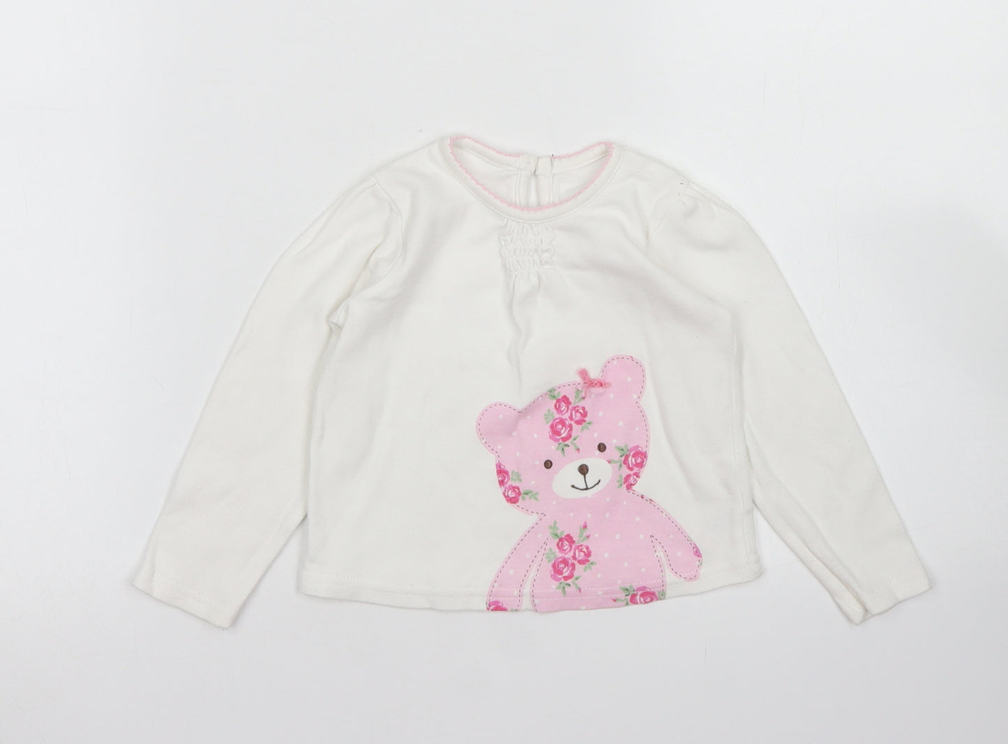 George Girls White  Cotton Basic T-Shirt Size 12-18 Months Crew Neck Button - Teddy Bear