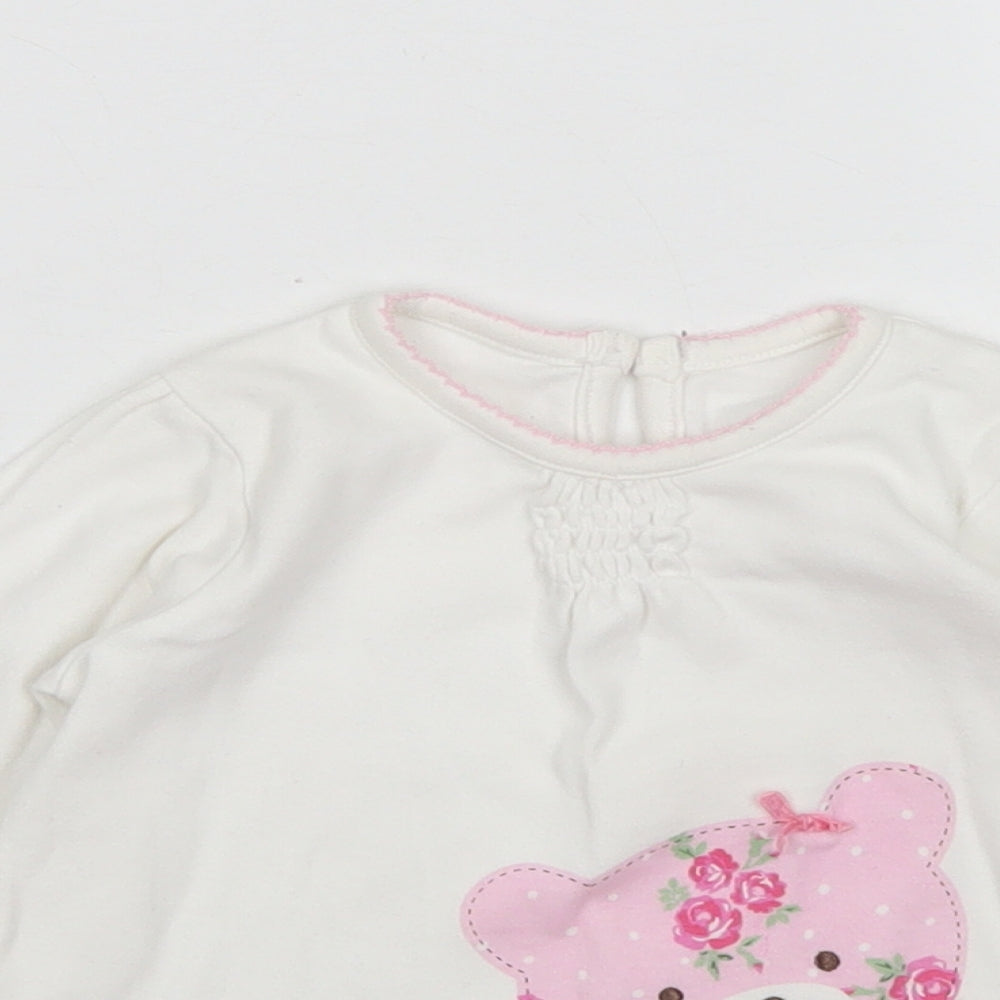 George Girls White  Cotton Basic T-Shirt Size 12-18 Months Crew Neck Button - Teddy Bear