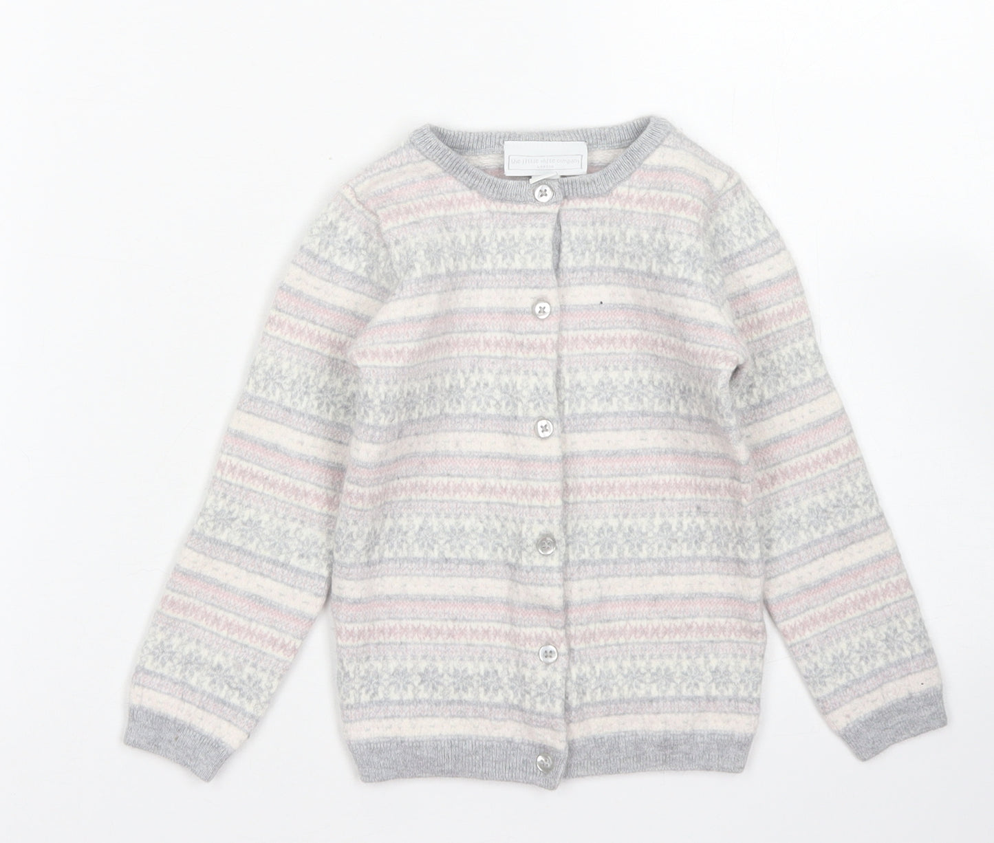 The Little White Company Girls Grey Crew Neck Fair Isle Wool Cardigan Jumper Size 4-5 Years  Button