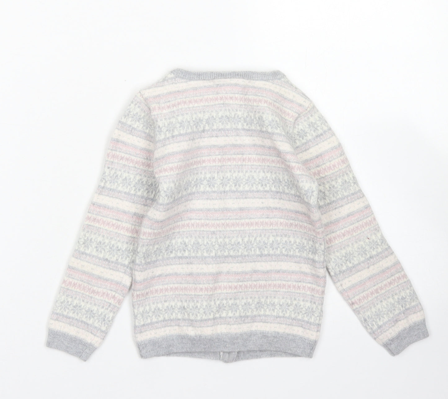 The Little White Company Girls Grey Crew Neck Fair Isle Wool Cardigan Jumper Size 4-5 Years  Button