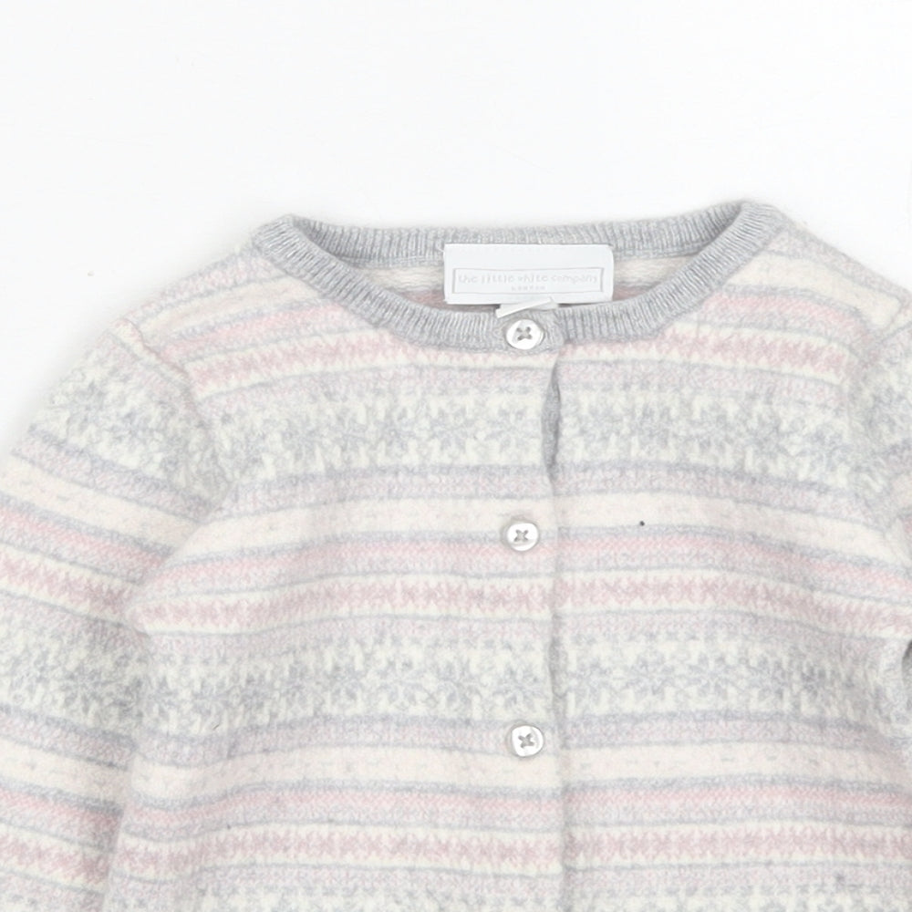 The Little White Company Girls Grey Crew Neck Fair Isle Wool Cardigan Jumper Size 4-5 Years  Button