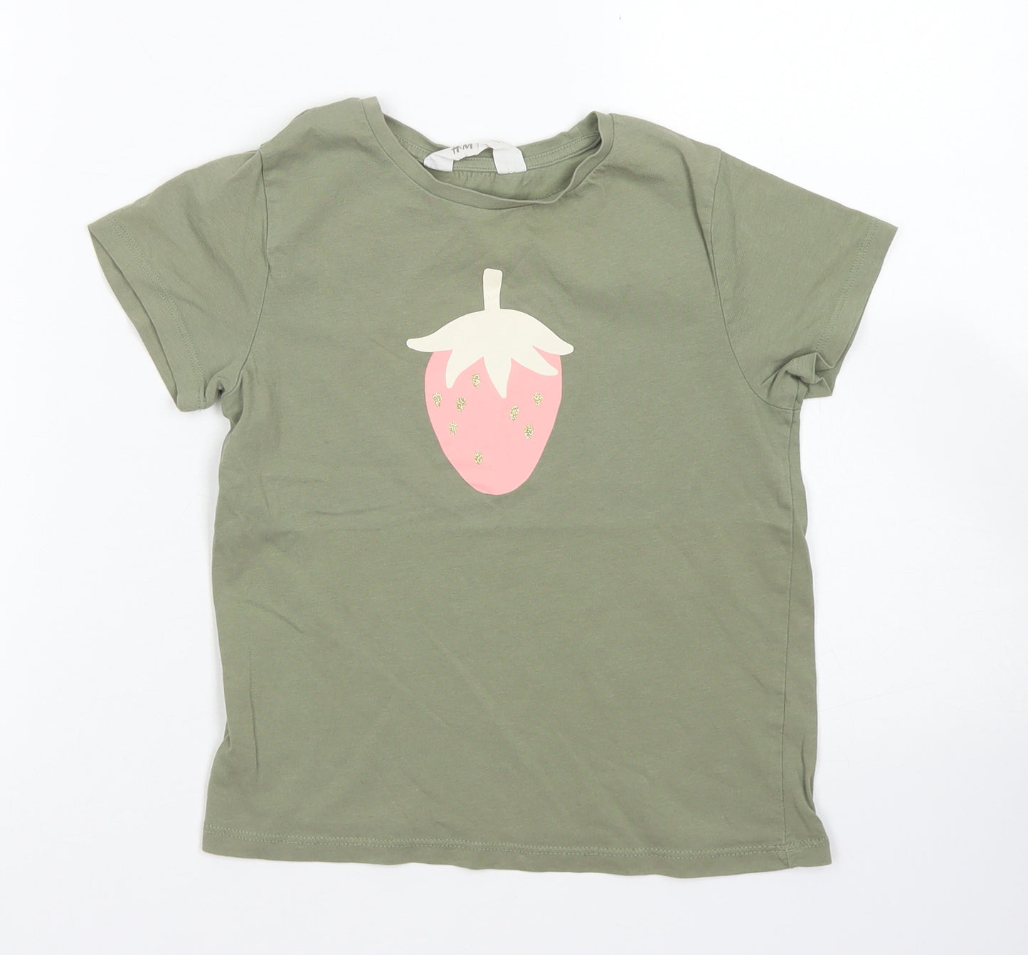 H&M Girls Green  Cotton Basic T-Shirt Size 4-5 Years Crew Neck  - Strawberry