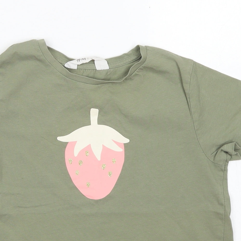 H&M Girls Green  Cotton Basic T-Shirt Size 4-5 Years Crew Neck  - Strawberry