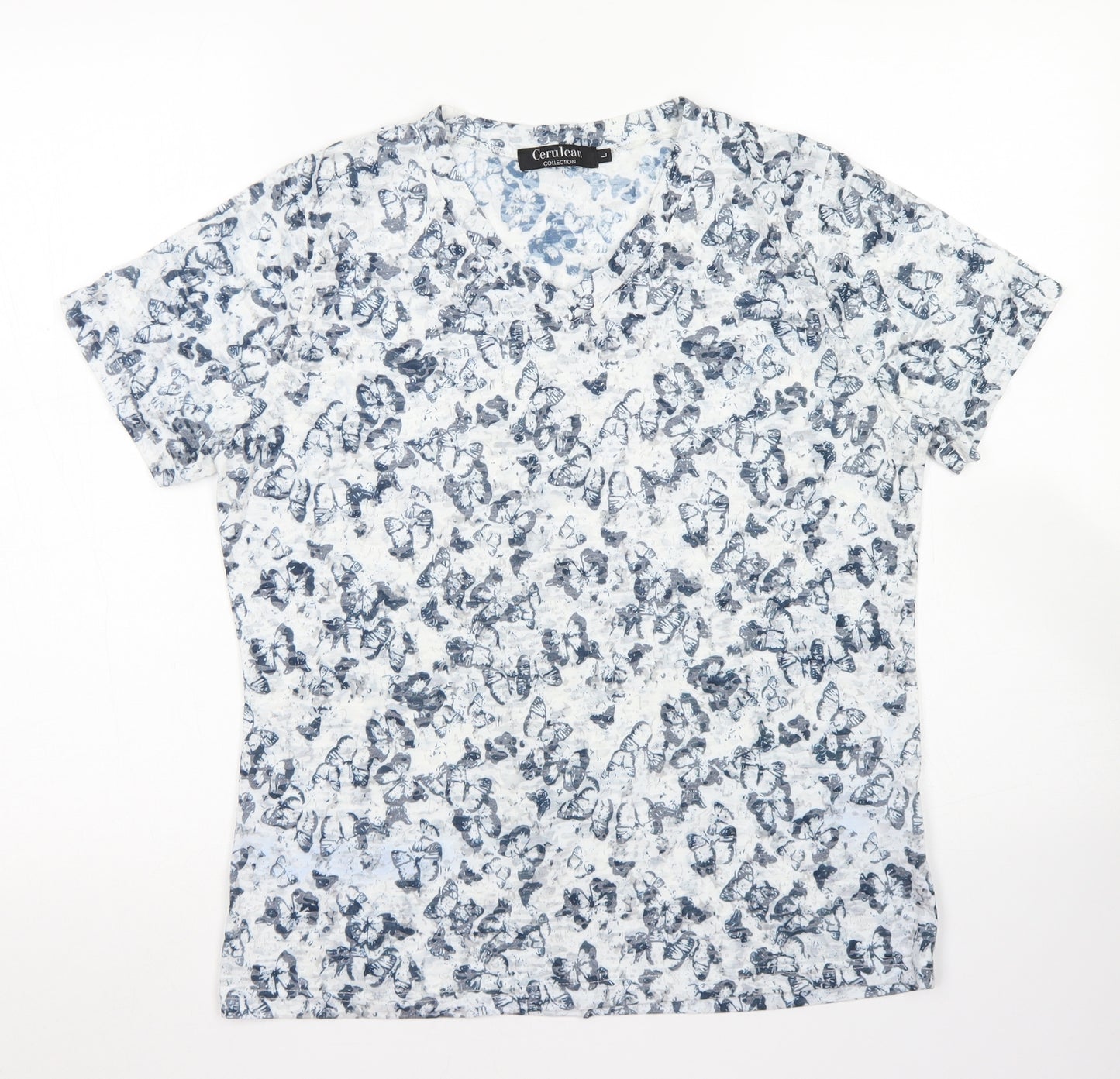 Cerulean Collection Womens Blue Floral Polyester Basic T-Shirt Size L Round Neck - Butterfly print