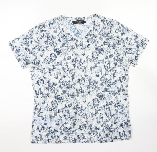 Front view of Cerulean Collection women’s blue floral polyester basic t-shirt, size L, round neck - butterfly print