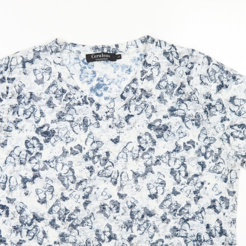 Cerulean Collection Womens Blue Floral Polyester Basic T-Shirt Size L Round Neck - Butterfly print