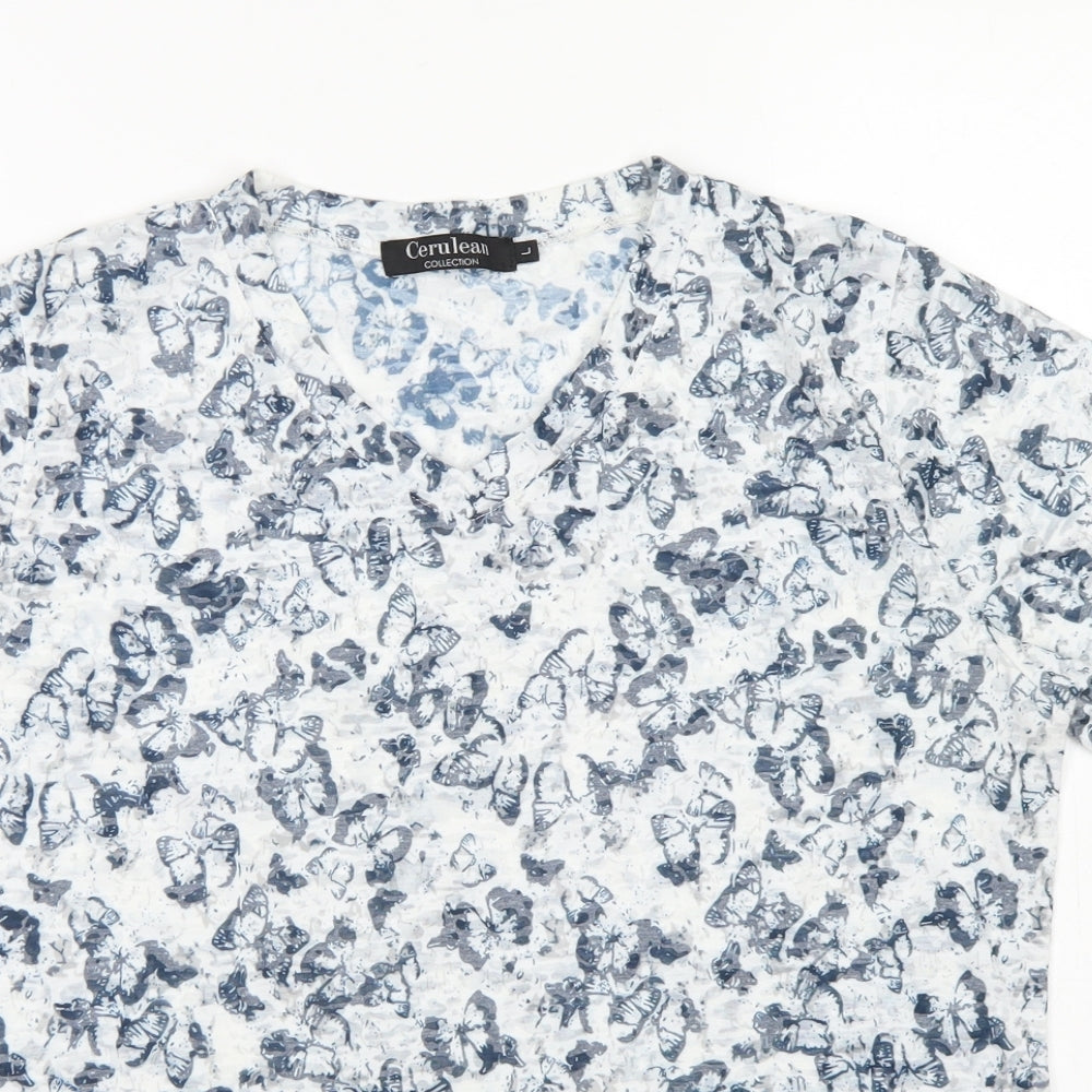Cerulean Collection Womens Blue Floral Polyester Basic T-Shirt Size L Round Neck - Butterfly print