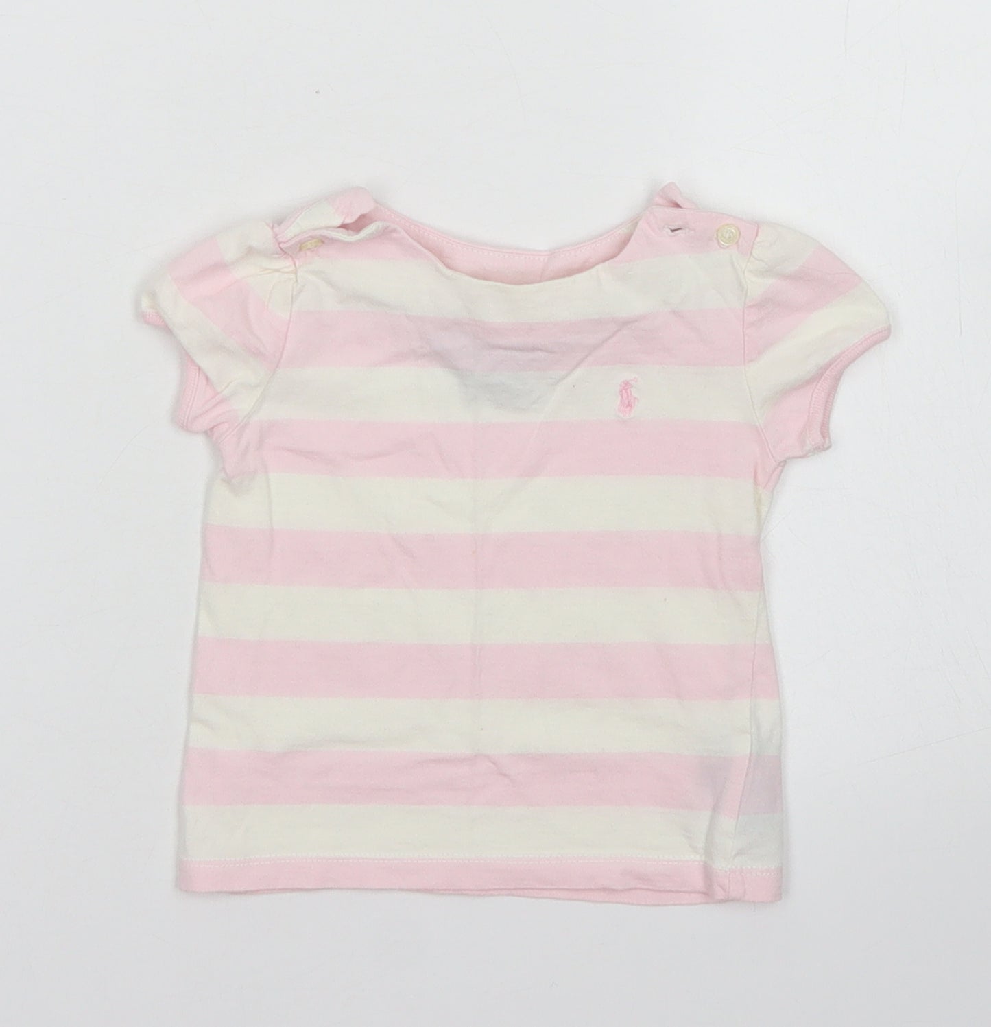 Ralph Lauren Girls Pink Striped Cotton Basic T-Shirt Size 12 Months Boat Neck Button