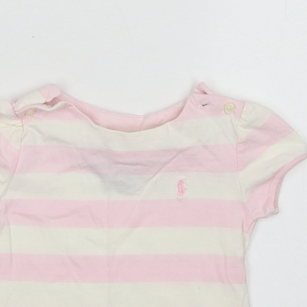 Ralph Lauren Girls Pink Striped Cotton Basic T-Shirt Size 12 Months Boat Neck Button