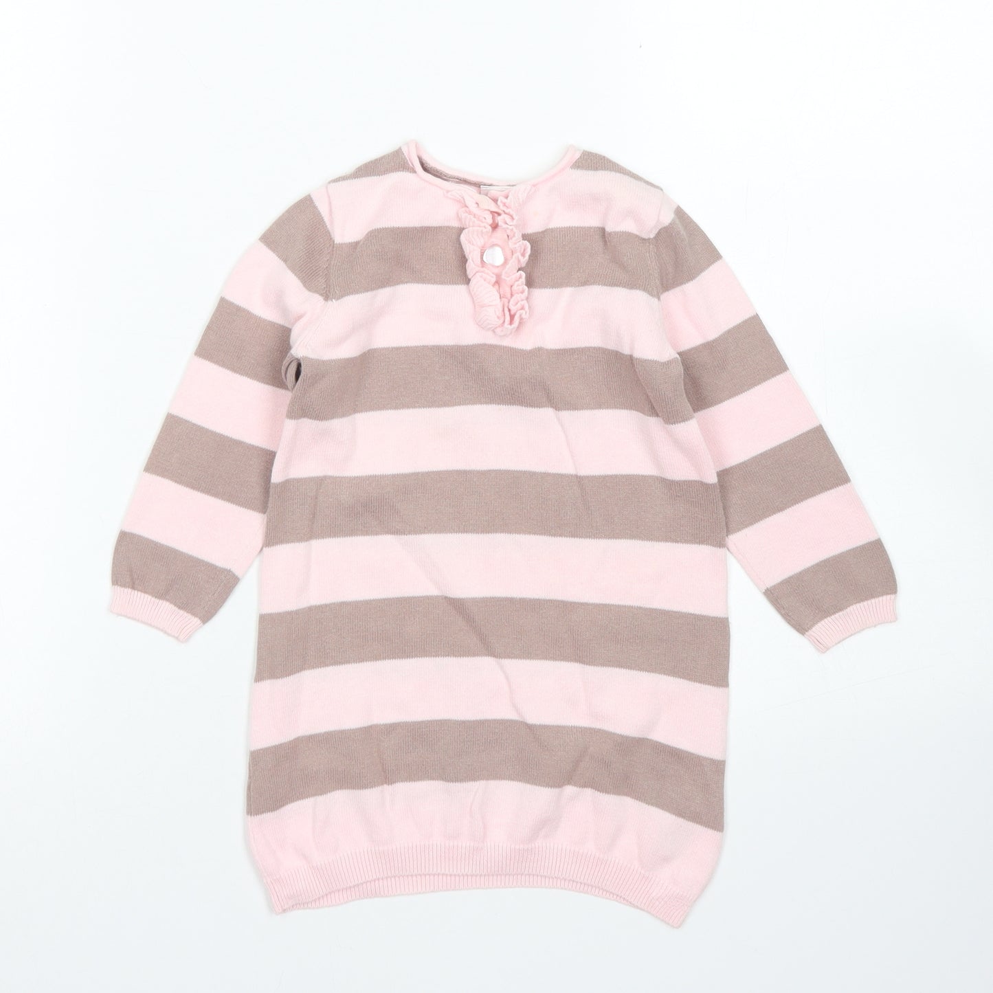 NEXT Girls Pink Striped Cotton Jumper Dress  Size 12-18 Months  Crew Neck Button