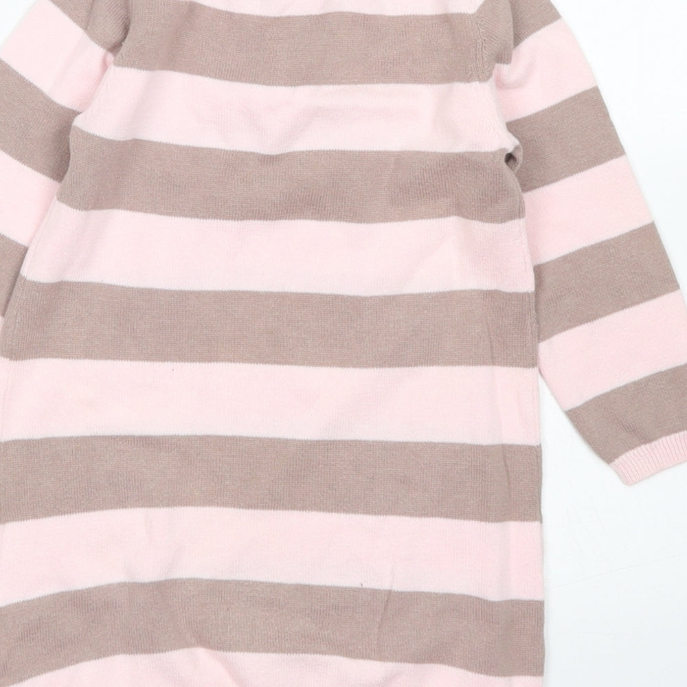NEXT Girls Pink Striped Cotton Jumper Dress  Size 12-18 Months  Crew Neck Button