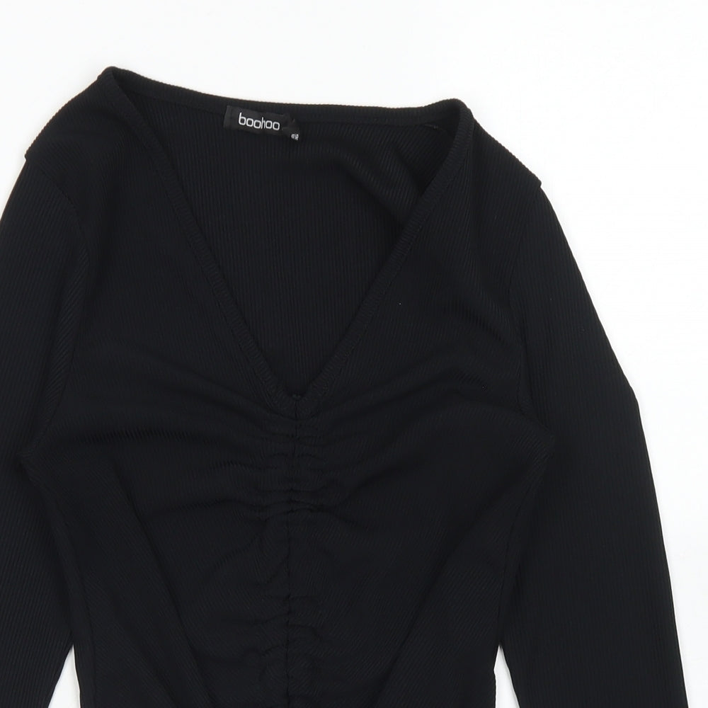Boohoo Womens Black  Polyester Basic T-Shirt Size 10 V-Neck