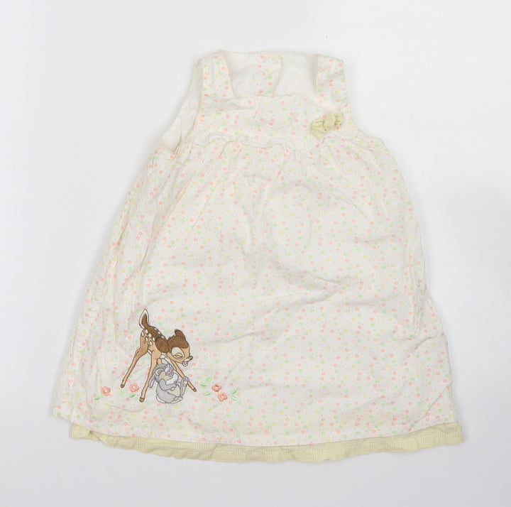 George Girls Pink Floral Cotton A-Line  Size 12-18 Months  Crew Neck Button - Disney Bambi