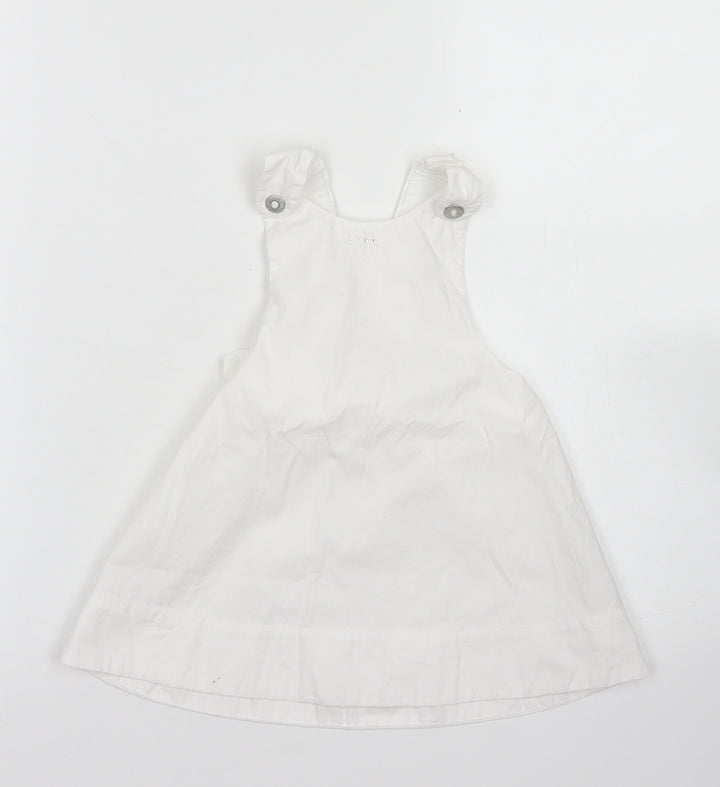 ELLE Girls White Cotton Pinafore/Dungaree Dress Size 12 Months Square Neck Snap