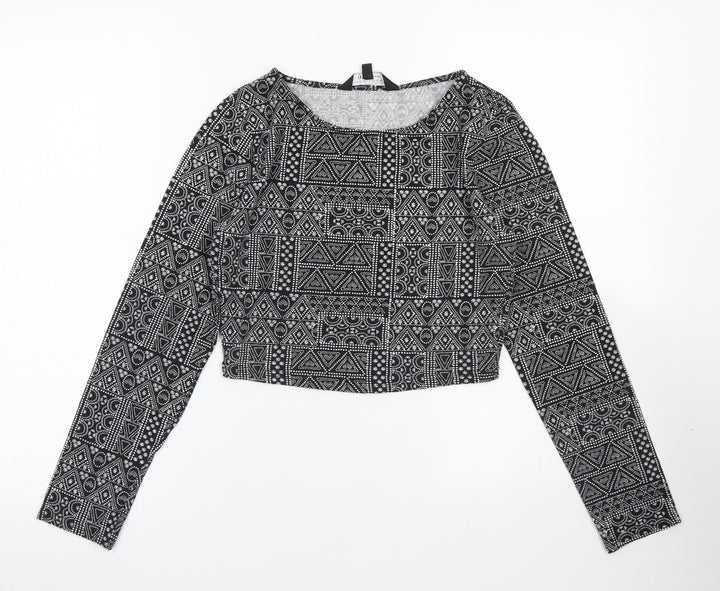915 Generation Girls Black Geometric Cotton Cropped T-Shirt Size 14-15 Years Crew Neck