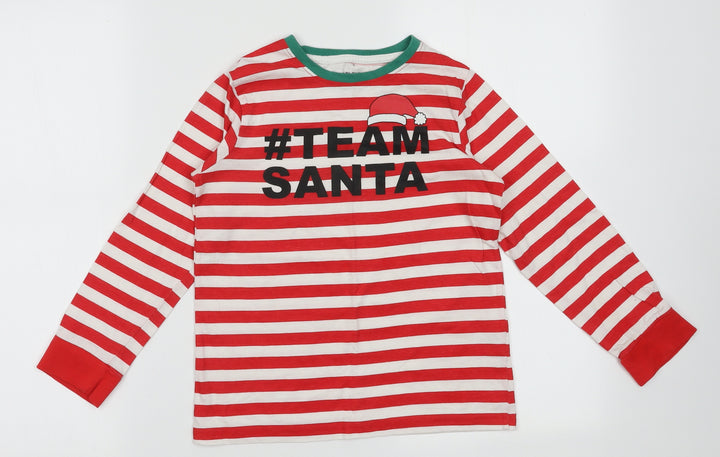 Made By Elves Boys Red Striped Cotton Basic Casual Size 7-8 Years Crew Neck Pullover - Team Santa