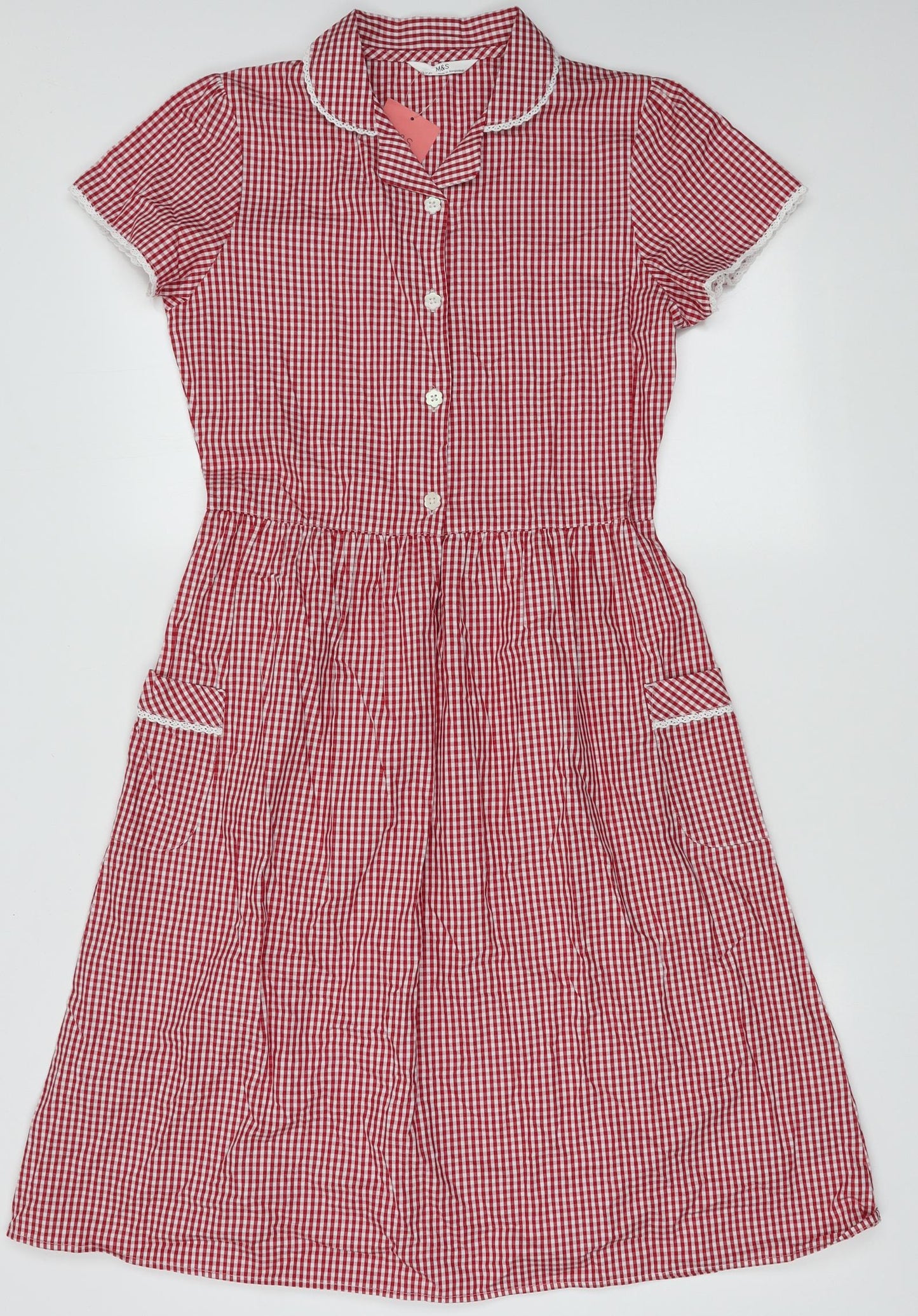 Marks and Spencer Girls Red Check Cotton A-Line  Size 13-14 Years  Collared Button - School
