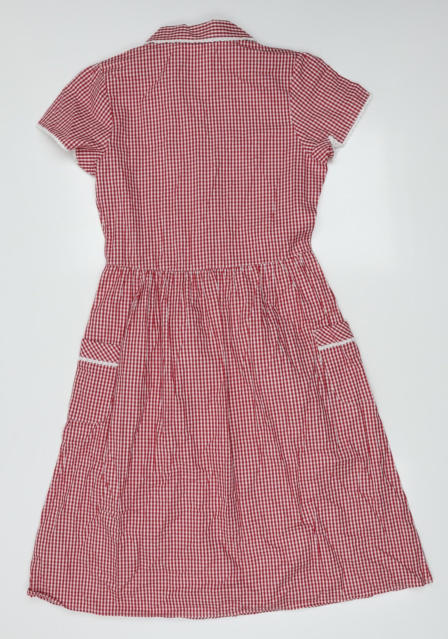 Marks and Spencer Girls Red Check Cotton A-Line  Size 13-14 Years  Collared Button - School