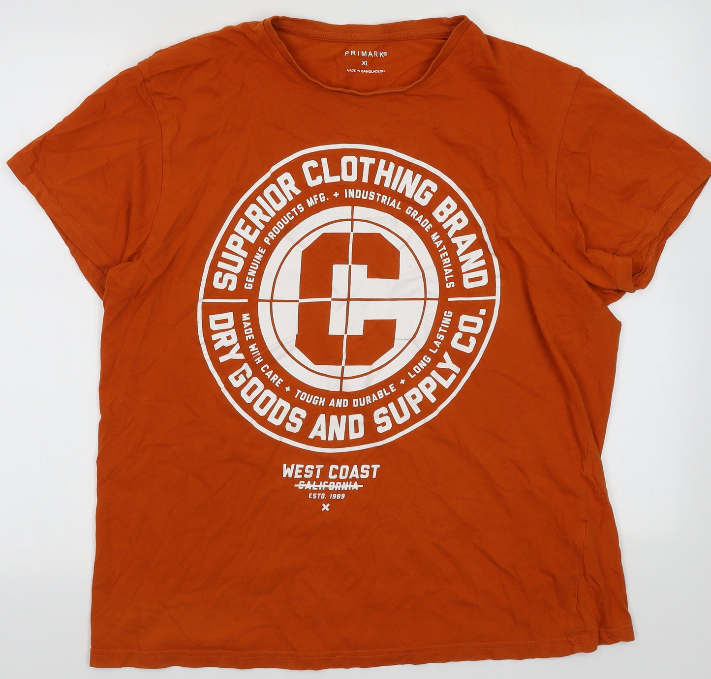 Primark Mens Orange  Cotton  T-Shirt Size XL Crew Neck  - superior clothing brand
