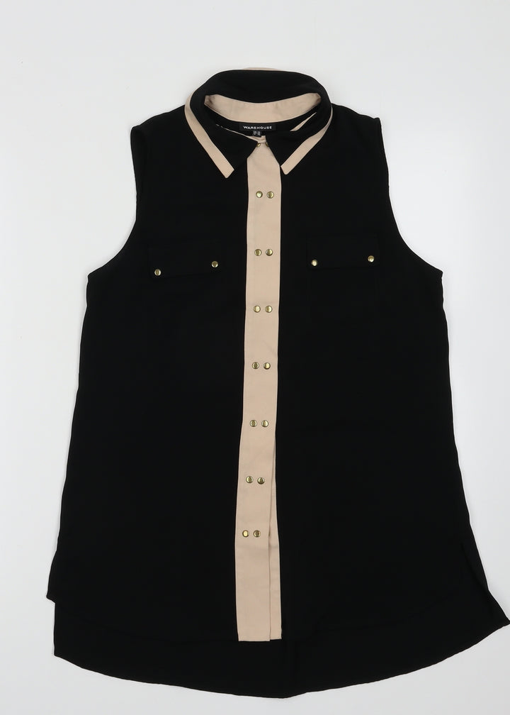Warehouse Womens Black Polyester Basic Button-Up Size 10 Collared