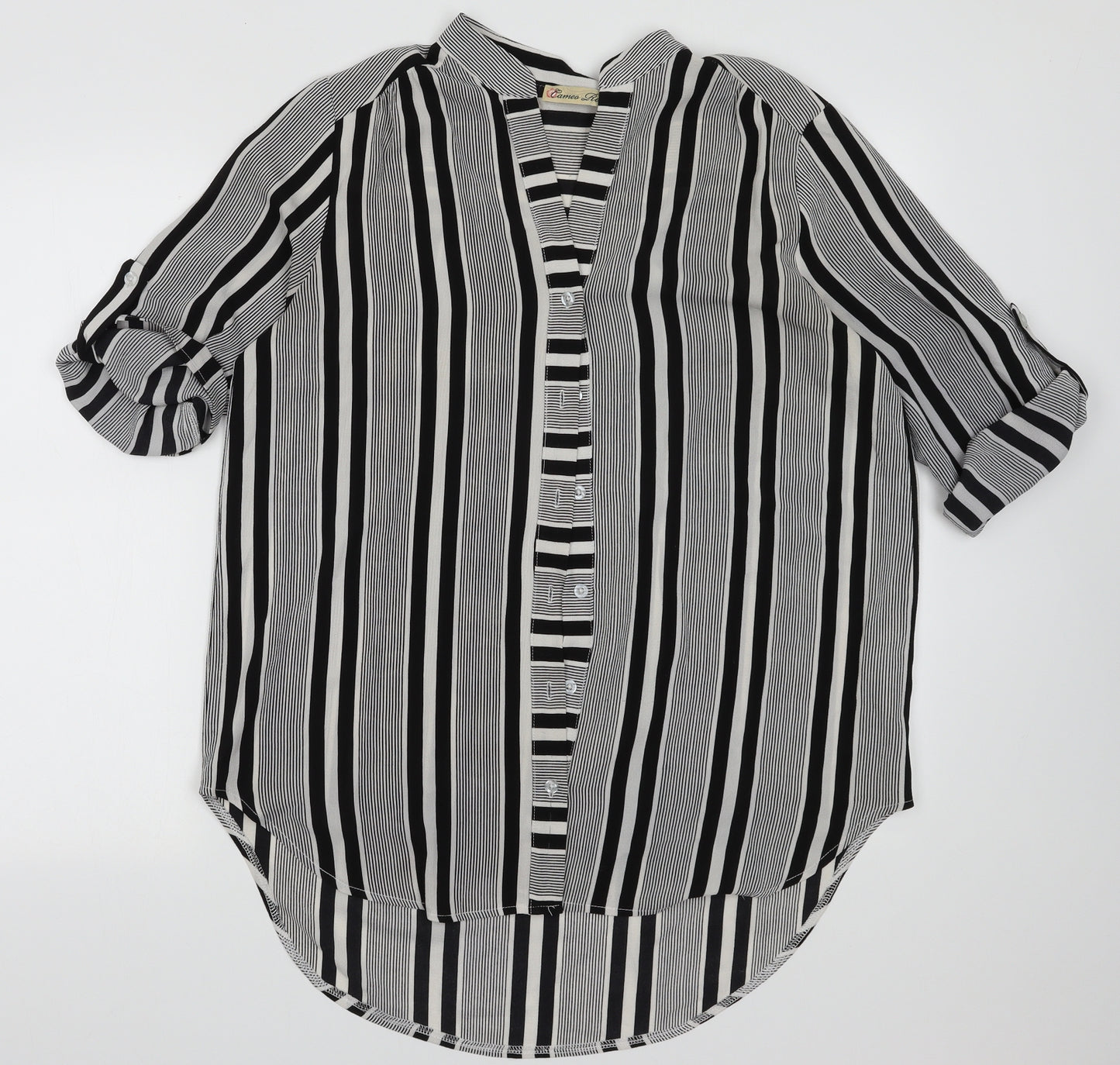 Cameo Rose Womens Black Striped Polyester Basic Button-Up Size 10 V-Neck