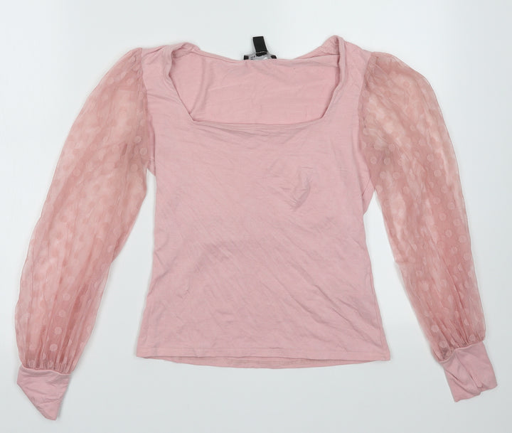 New Look Womens Pink Polka Dot Viscose Basic Blouse Size 10 Square Neck