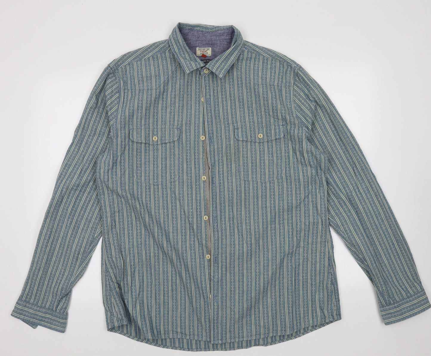 NEXT Mens Blue Striped Cotton  Button-Up Size XL Collared Button