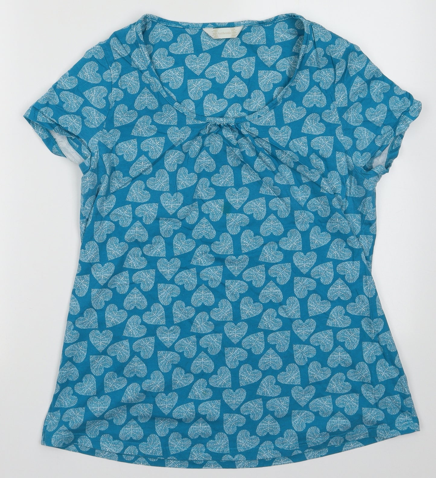 BHS Womens Blue Geometric Cotton Basic T-Shirt Size 14 Scoop Neck - heart print