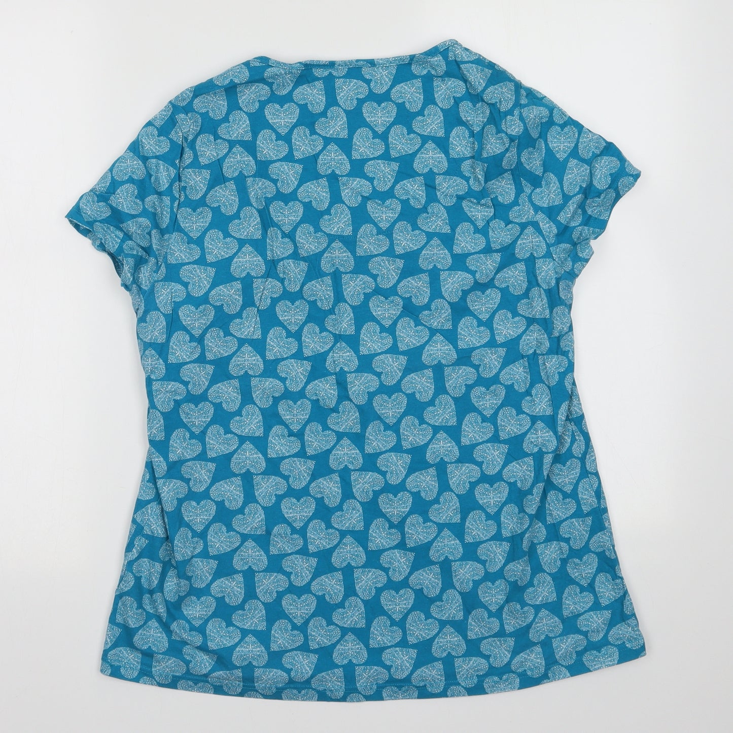 BHS Womens Blue Geometric Cotton Basic T-Shirt Size 14 Scoop Neck - heart print