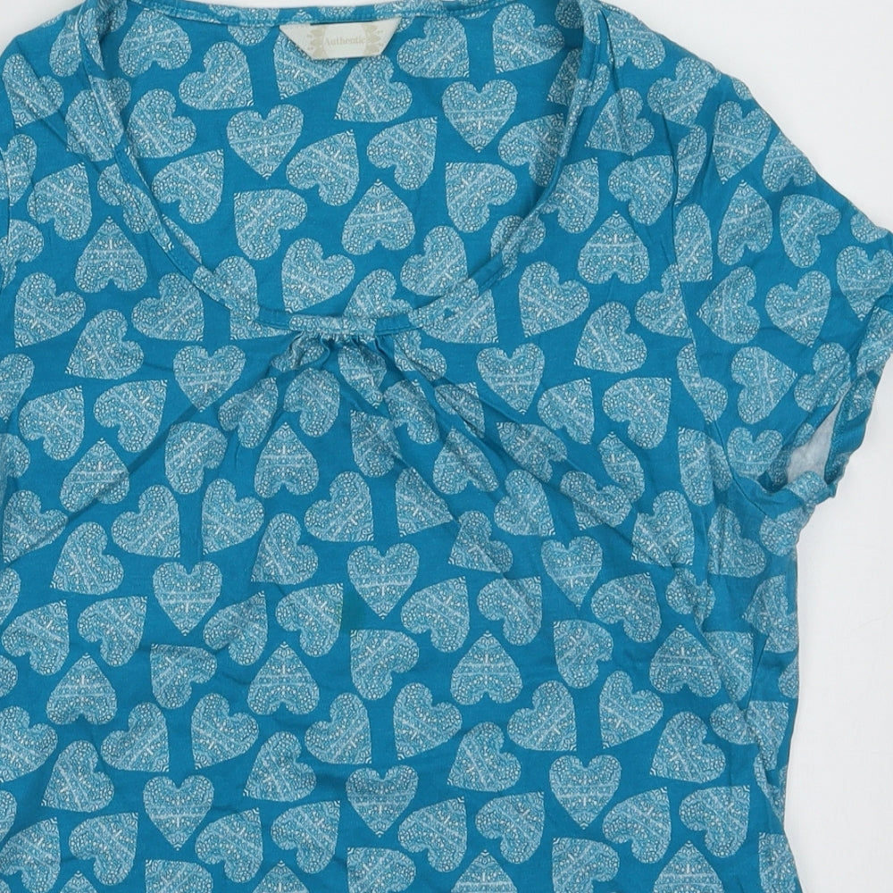 BHS Womens Blue Geometric Cotton Basic T-Shirt Size 14 Scoop Neck - heart print