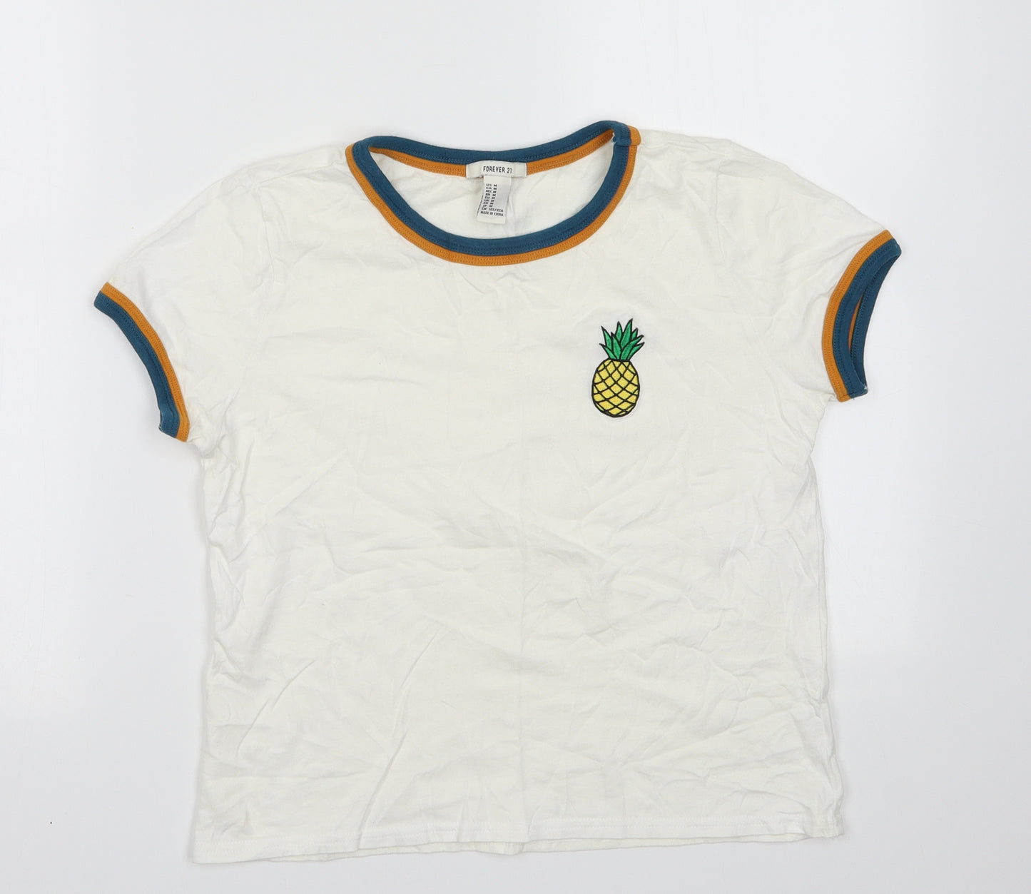 FOREVER 21 Womens White  Cotton Basic T-Shirt Size M Crew Neck - Pineapple
