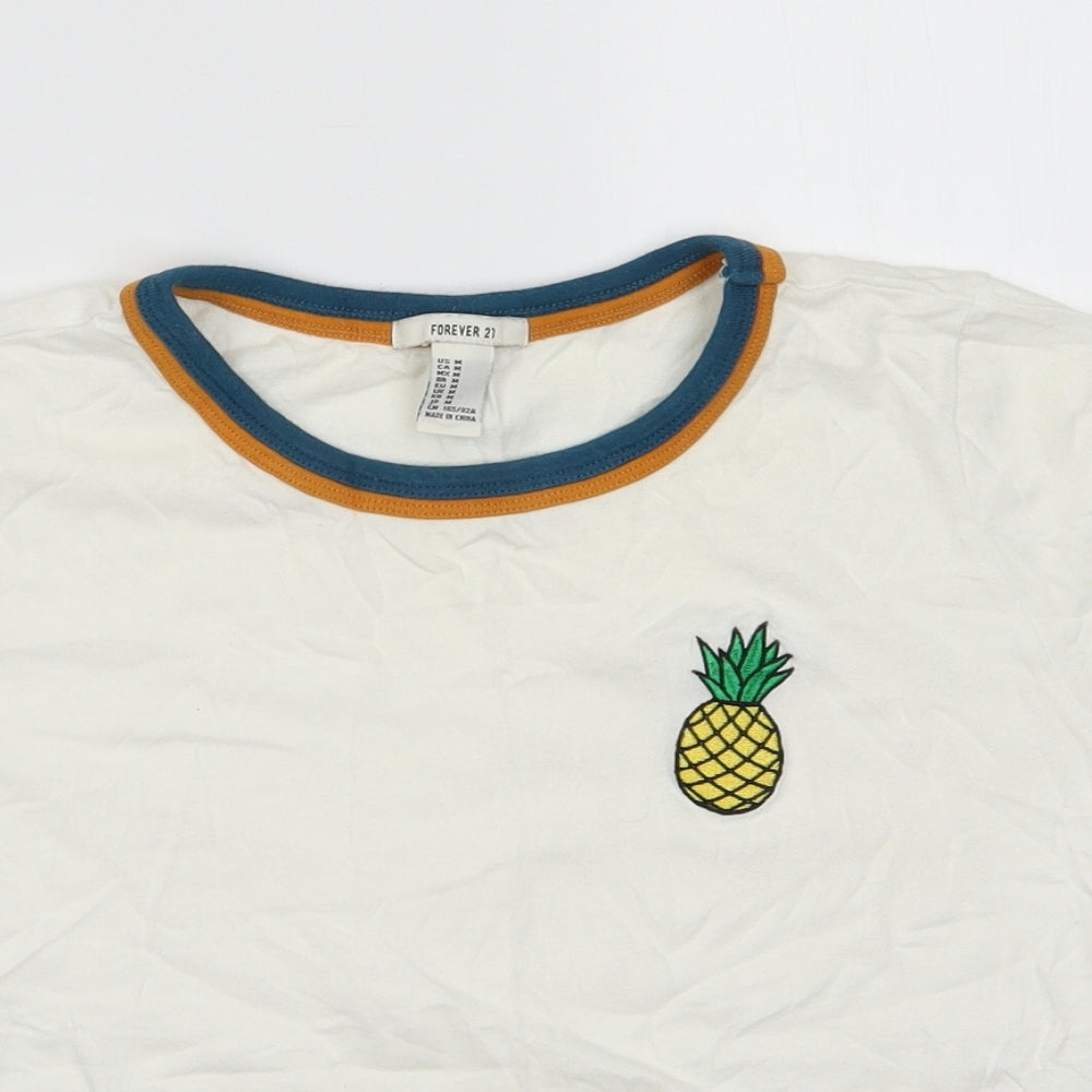 FOREVER 21 Womens White  Cotton Basic T-Shirt Size M Crew Neck - Pineapple