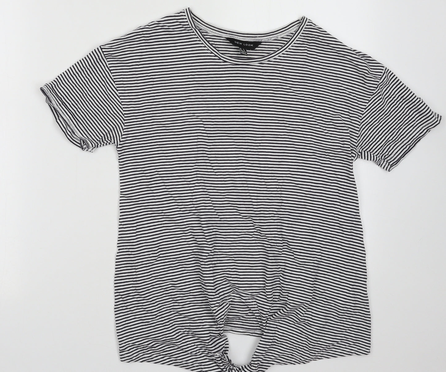 New Look Womens Black Striped Cotton Basic T-Shirt Size 8 Crew Neck - Tie