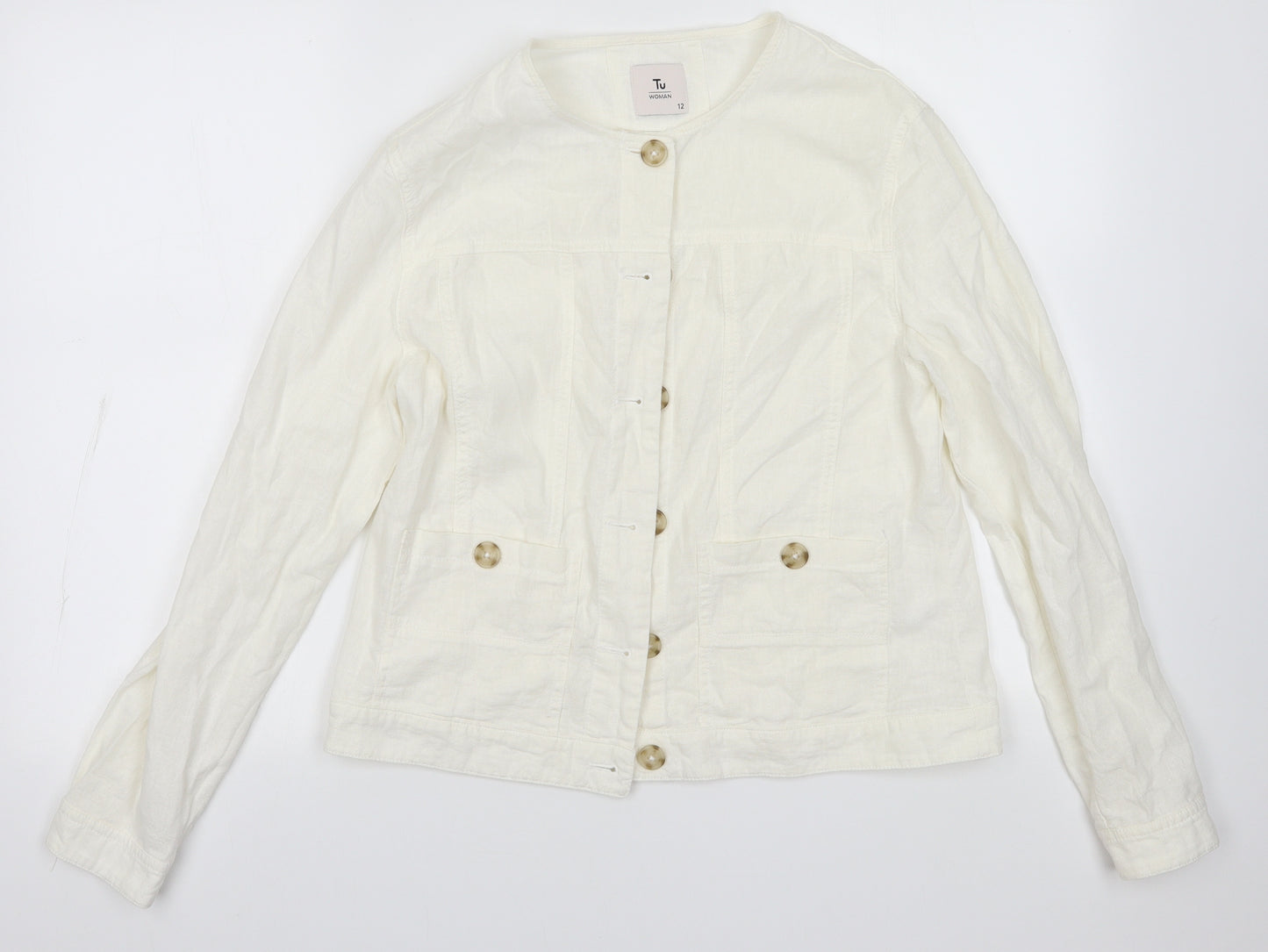sainsburys Womens White  Linen Basic Button-Up Size 12 Crew Neck