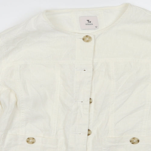 sainsburys Womens White  Linen Basic Button-Up Size 12 Crew Neck