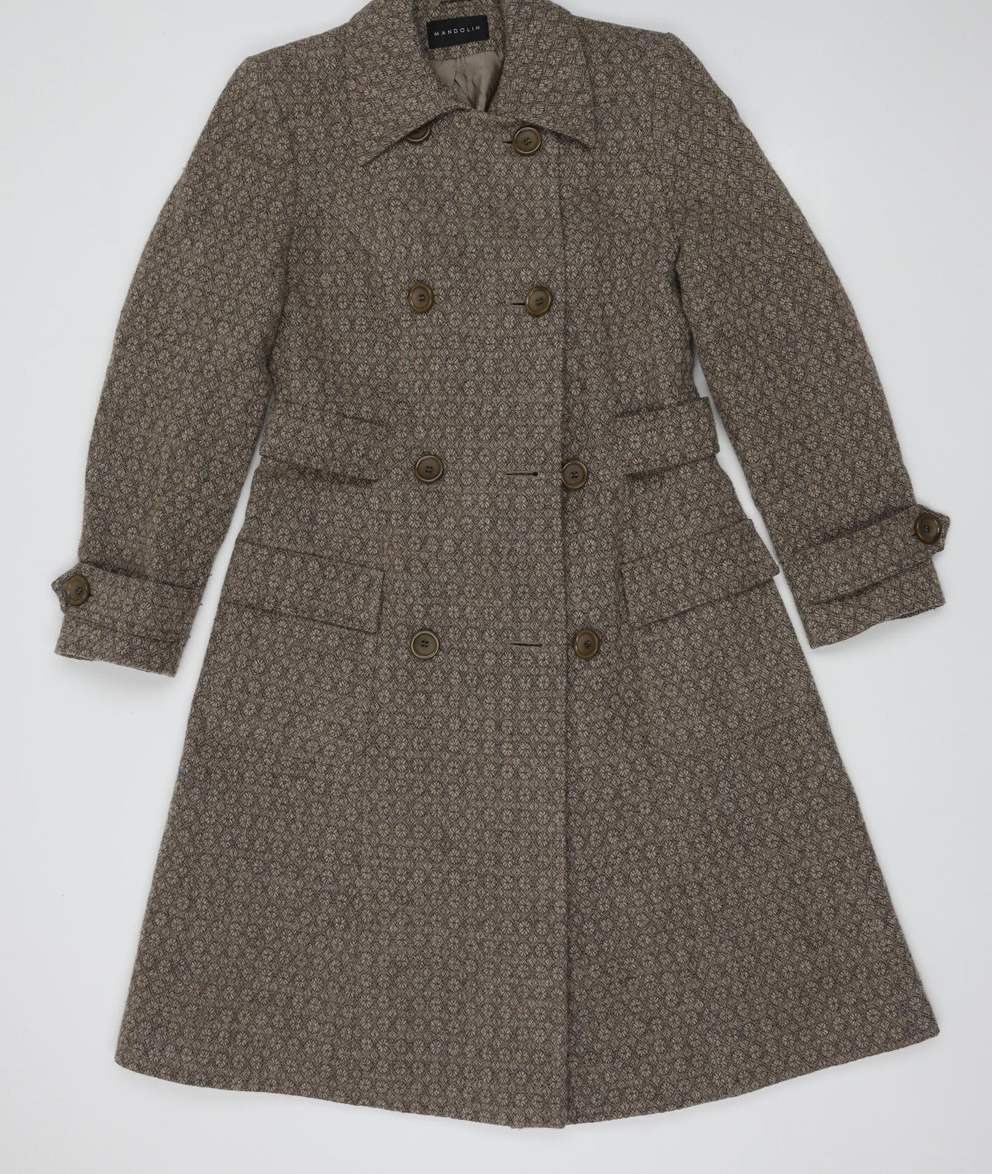 Mandolin Womens Brown Geometric  Overcoat Coat Size 8  Button