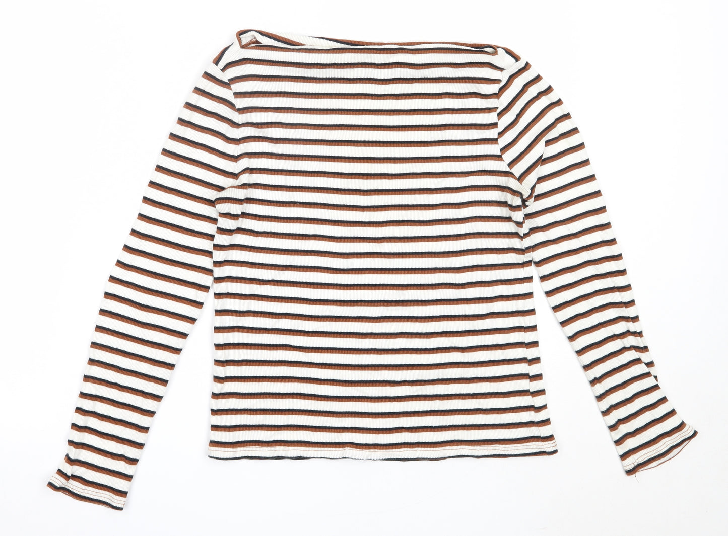 River Island Womens Ivory Striped Polyester Basic T-Shirt Size 12 Round Neck