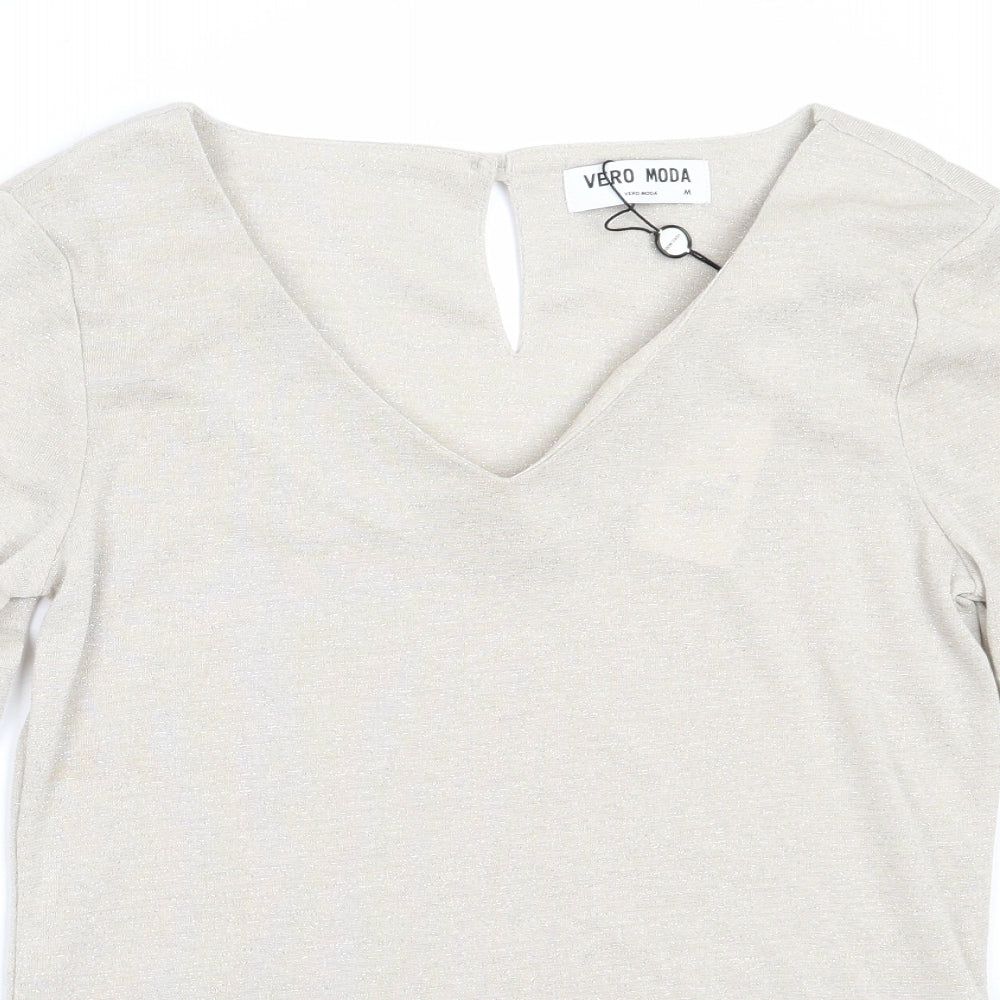 Vera Moda Womens Beige V-Neck  Polyester Pullover Jumper Size M
