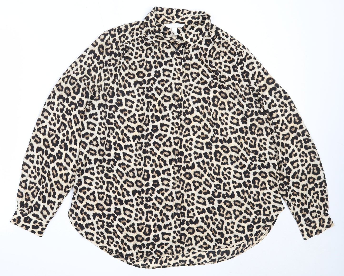 H&M Womens Beige Animal Print Polyester Basic Blouse Size M Collared