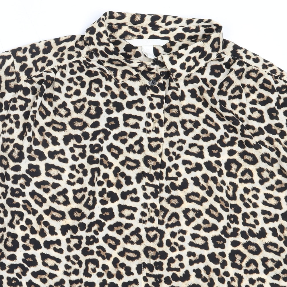 H&M Womens Beige Animal Print Polyester Basic Blouse Size M Collared