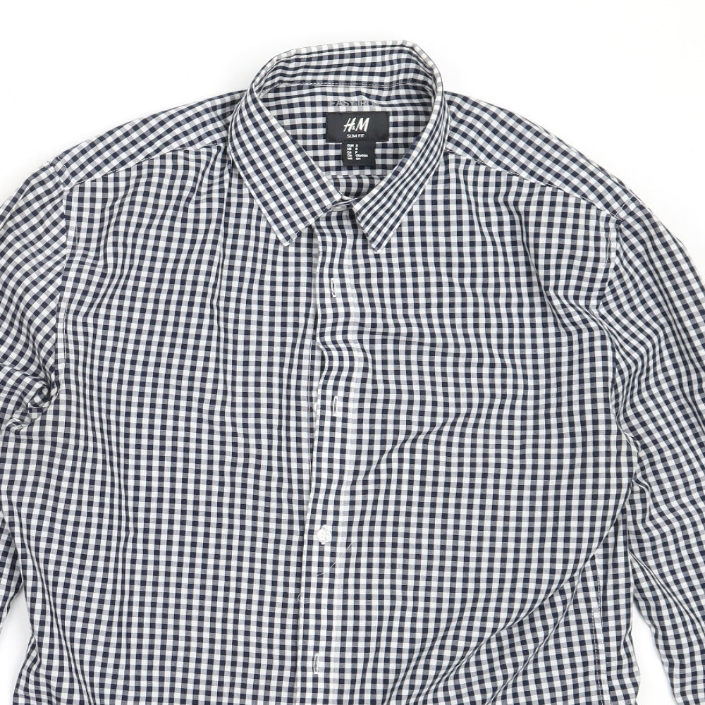 H&M Mens Blue Check Polyester  Button-Up Size S Collared