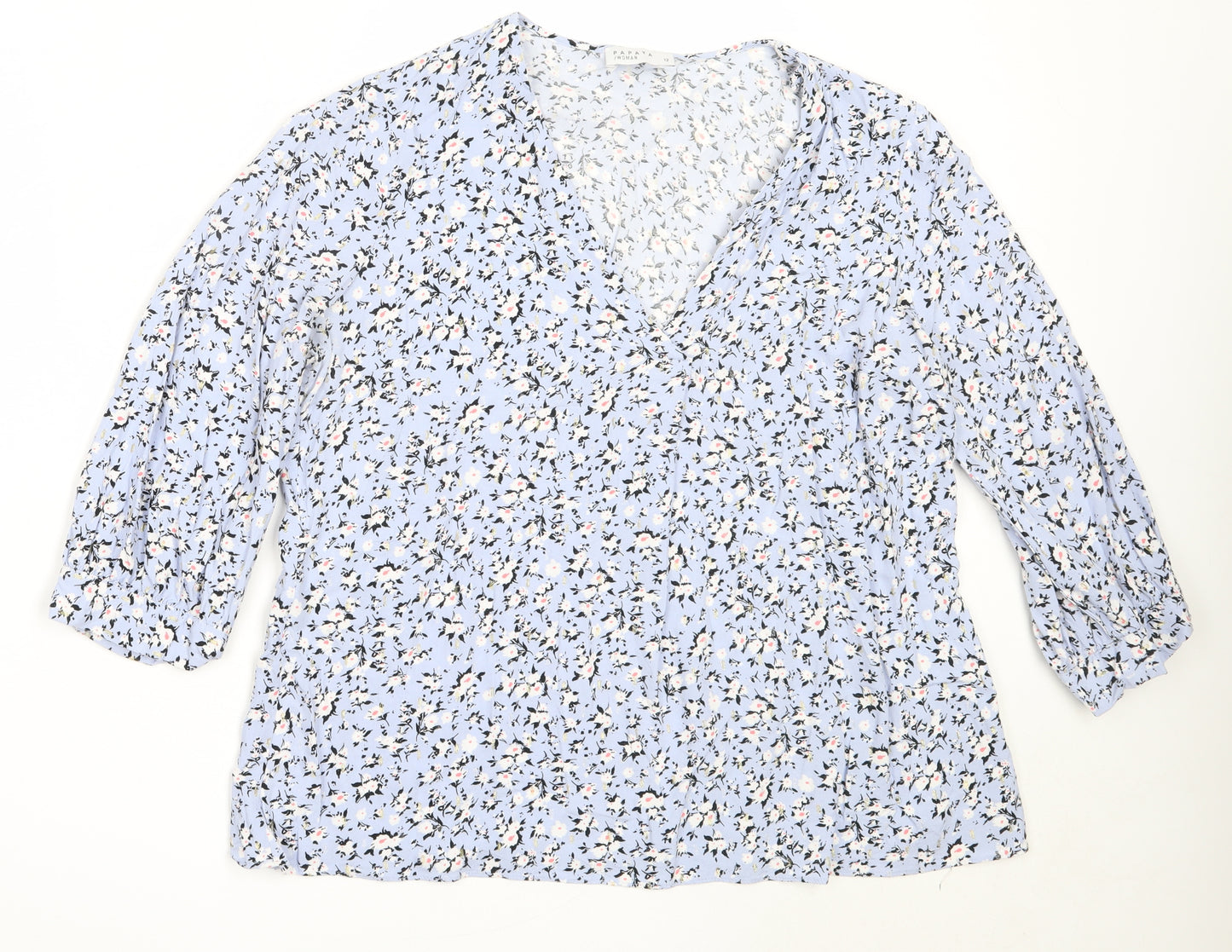 Papaya Womens Blue Floral Viscose Basic Blouse Size 12 V-Neck