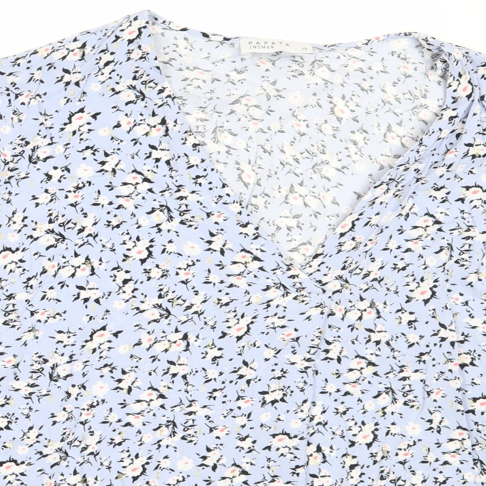 Papaya Womens Blue Floral Viscose Basic Blouse Size 12 V-Neck