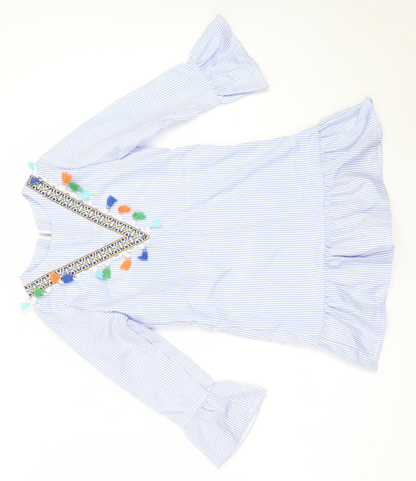 Preworn Girls Blue Striped Cotton Shift  Size 10 Years  Round Neck